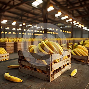 Banana bunches harvested in wooden boxes in a warehouse.