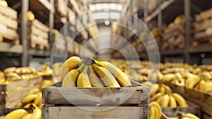 Banana bunches harvested in wooden boxes in a warehouse.