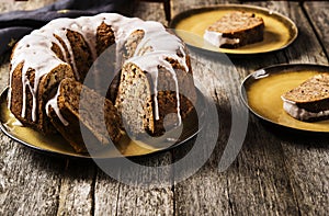 Banana cake with apples and walnuts