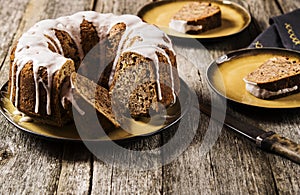 Banana cake with apples and walnuts