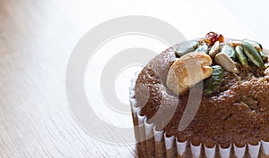 Banana cake on wooden table and copy space