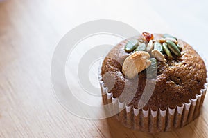 Banana cake on wooden table and copy space