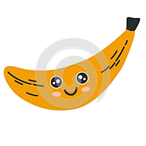 Banana character icon with smiley face. Hand drawn cartoon doodle in simple naive style. Vector cartoon illustration