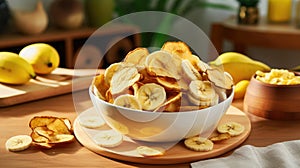 Banana chips, a convenient and low-calorie snack for any time of the day.