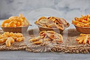 Banana chips are a healthy meal, and spiced corn puff snacks are great snack