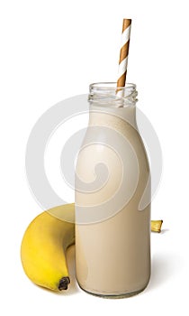 Banana chocolate smoothie in a glass bottle Isolated on a white background