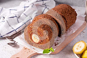 Banana Chocolate Swiss Roll Cake, Sponge Roll with Chocolate Filling