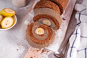 Banana Chocolate Swiss Roll Cake, Sponge Roll with Chocolate Filling