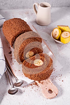 Banana Chocolate Swiss Roll Cake, Sponge Roll with Chocolate Filling