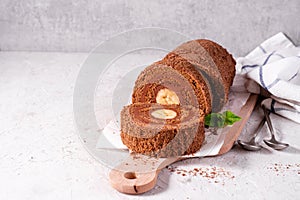 Banana Chocolate Swiss Roll Cake, Sponge Roll with Chocolate Filling