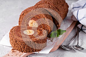 Banana Chocolate Swiss Roll Cake, Sponge Roll with Chocolate Filling