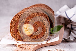 Banana Chocolate Swiss Roll Cake, Sponge Roll with Chocolate Filling