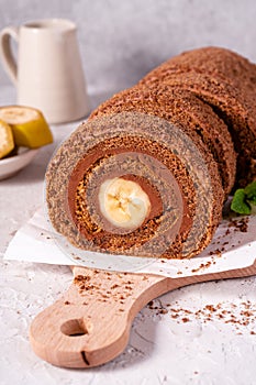 Banana Chocolate Swiss Roll Cake, Sponge Roll with Chocolate Filling