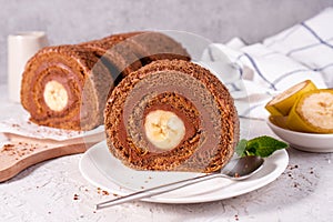 Banana Chocolate Swiss Roll Cake, Sponge Roll with Chocolate Filling