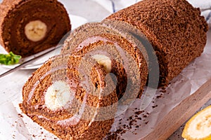 Banana Chocolate Swiss Roll Cake, Sponge Roll with Chocolate Filling