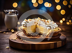 Banana cream pie against a bokeh background