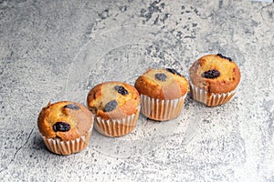 Banana cupcakes sprinkled with raisins. Copy space on gray background