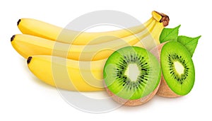 Banana with cutted kiwi isolated on a white background.