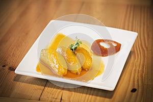 Banana flambee dessert with caramel