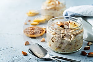 Banana flax seeds overnight oats with banana slices and almonds