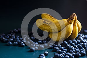 banana Fresh Blueberries blueberry Bowl Table Freshly picked glass bowl. Juicy fresh blueberries Bilberry dark food Background.