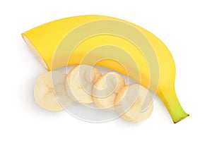 Banana isolated on white background with clipping path and full depth of field. Top view. Flat lay.