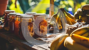 Banana jam in the garden. Selective focus.