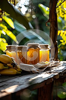 Banana jam in the garden. Selective focus.