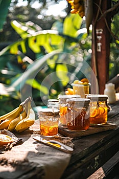 Banana jam in the garden. Selective focus.