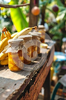 Banana jam in the garden. Selective focus.