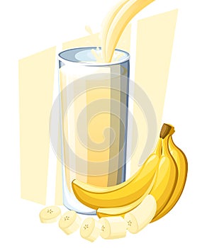 Banana juice. Fresh fruit drink in glass. Banana smoothies. Juice flow and splash in full glass. Vector illustration isolated on w