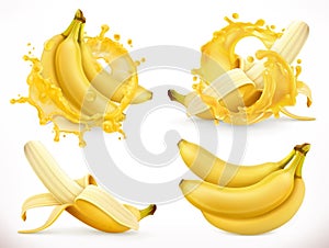 Banana juice. Fresh fruit and splash, 3d vector icon