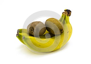 The banana and kiwi on a white background