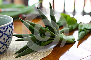 Banana leaf,Rice offering on the table. (Thailand)