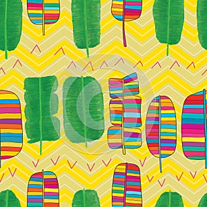 Banana leaf watercolor tribal color chevron seamless pattern