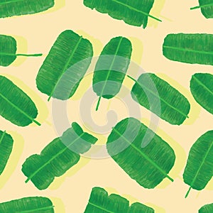 Banana leaf watercolor yellow background seamless pattern