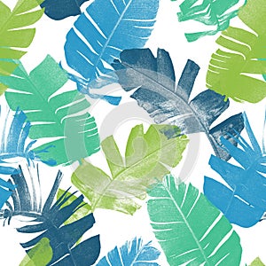 Banana leaves seamless allover pattern. Tropical palm leaves. Green blue summer beach print