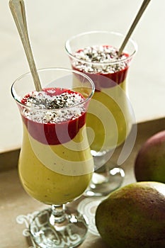 Banana and mango smoothie dessert in wine glasses