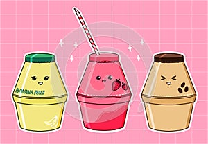 Banana milk bottle, strawberry and coffee flavors. Popular korean drink, kawaii aesthetic. Set of three beverages