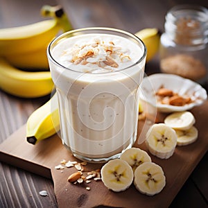 Banana Milkshake Decorated with Fruits and Nuts Portions Around on Dark Wooden Table.