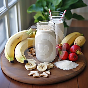 Banana Milkshake Decorated with Fruits and Nuts Portions Around on Dark Wooden Table.