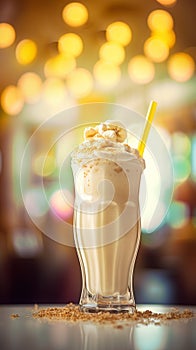 Banana milkshake with decoration on a bright blur background