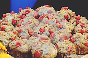 Banana muffin or banana cup cake topping with fruit