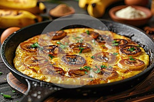 Banana pancake in a skillet, caramelized and garnished with herbs, Generated AI