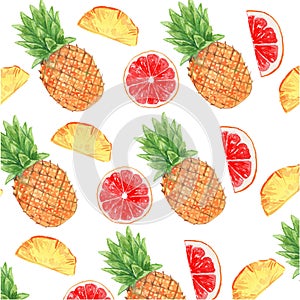 Vector watercolor Grapefruit and Pineapple Seamless Pattern