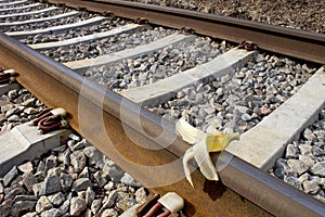 Banana peel on rail way, Humoristic `Sabotage`