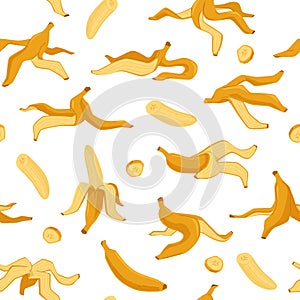 Banana peel seamless pattern. Yellow fresh fruit background, flat banana in different positions, carbohydrate sweet