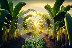 Banana plantation Organic Crop. Banana plantation Organic Crop. Rural landscape banana palm field. generative AI