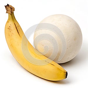 Banana and plaster sphere composition on white background