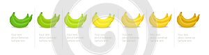 Banana ripeness stages infographics chart. Bunch of bananas colour gradation set. Ripening plantains. From green to yellow and
